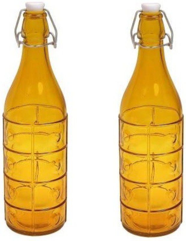 Transparent Glass Water & Juice Bottle With Stopper, 1000 Ml, Yellow, Pack Of 2 1000 ml Bottle  (Pack of 2, Yellow, Glass)