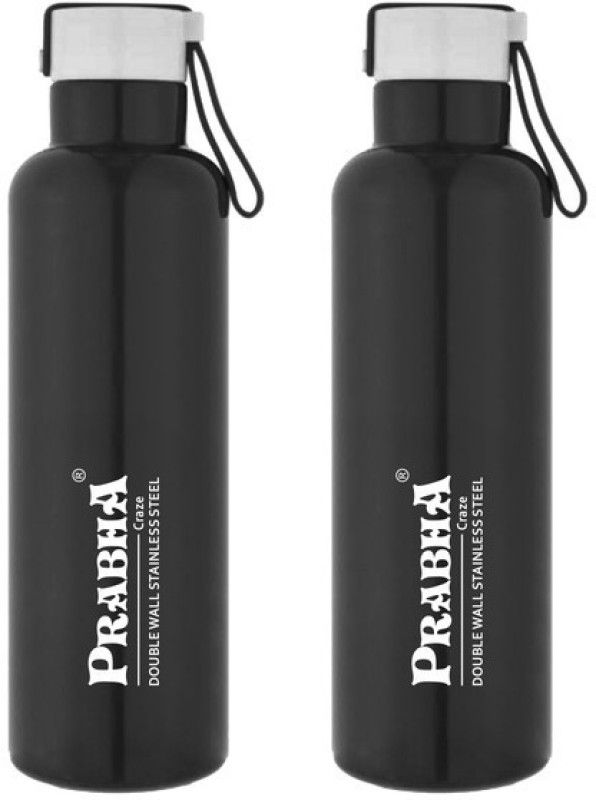 PRABHA Craze Black Double Wall Steel Water Bottle 2 Pcs Set 350ml for Home School & Kids 350 ml Bottle  (Pack of 2, Black, Steel)