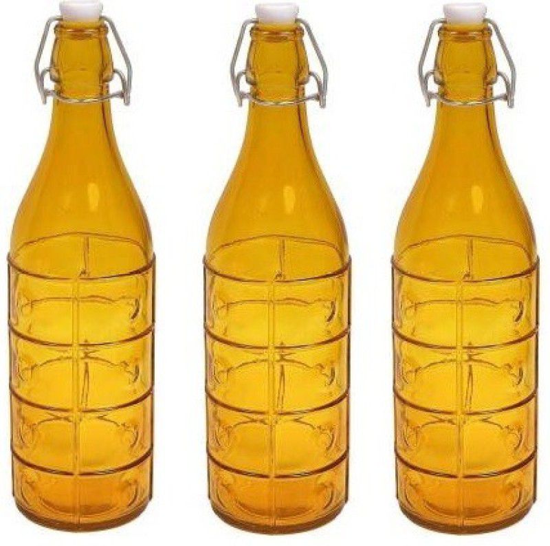 Transparent Glass Water & Juice Bottle With Stopper, 1000 Ml, Yellow, Pack Of 3 1000 ml Bottle  (Pack of 3, Yellow, Glass)