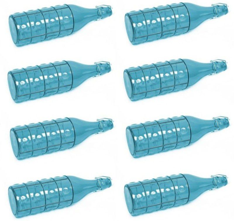 Transparent Glass Water & Juice Bottle With Stopper, 1000 Ml, Blue, Pack Of 8 1000 ml Bottle  (Pack of 8, Glass)