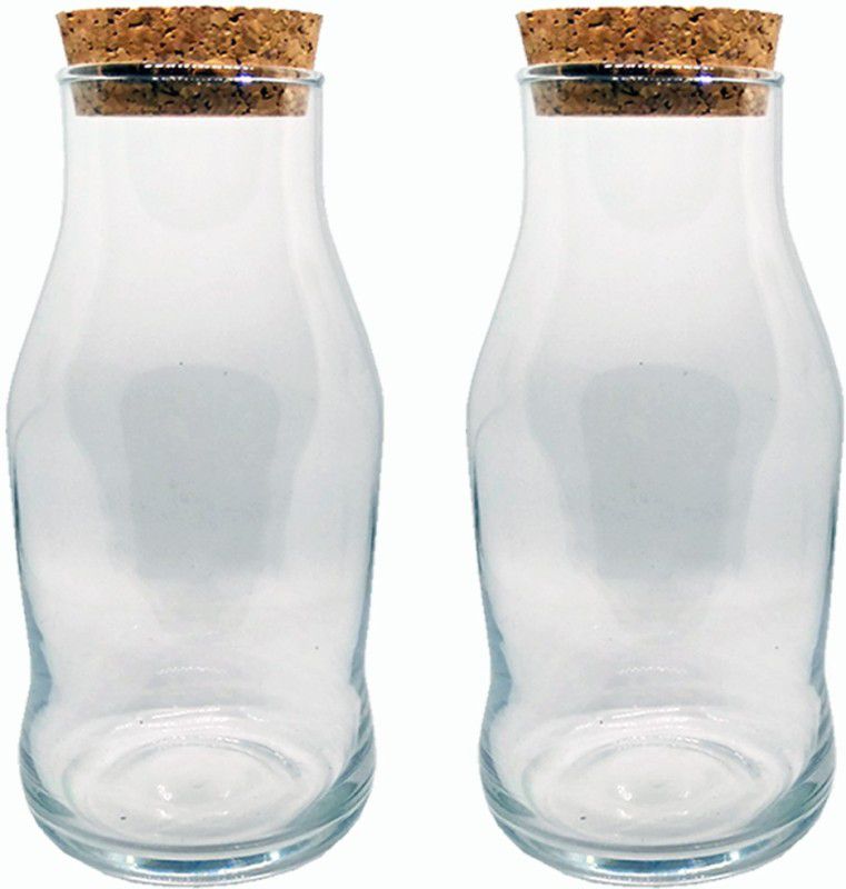 GIFTBASHINDIA Premium Beautiful Shape Glass Bottle with Wooden Cork Lid @275ml Set of 500 ml Bottle  (Pack of 2, White, Glass)