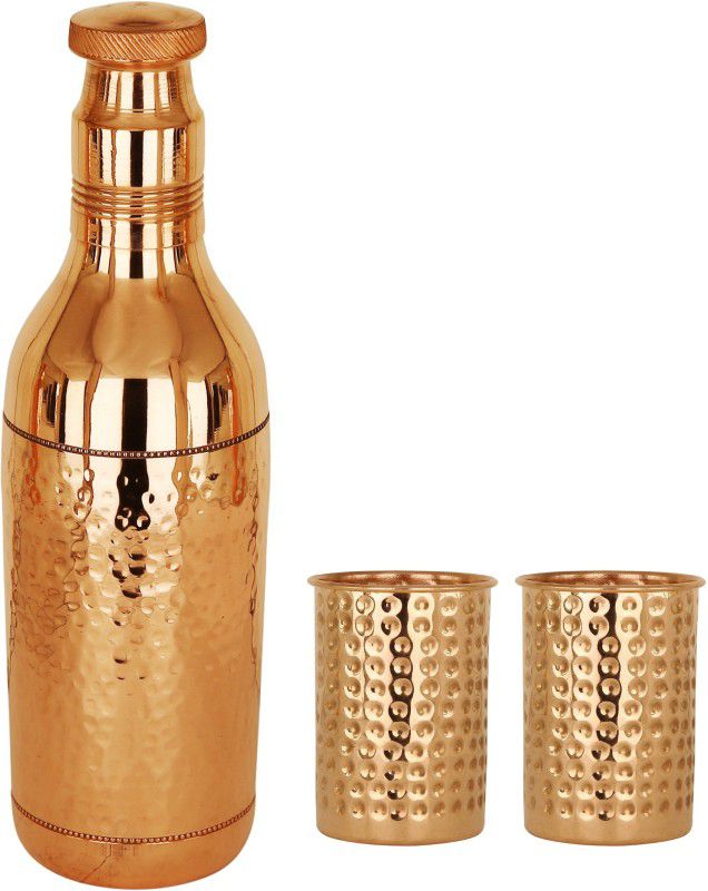 TALUKA Hammered Water Bottle With Glass Set Of 2| 1700 ML Capacity 300 ML Glass | Serving Drinking Storage Water | Bar Hotel Set Of 2 2300 ml Bottle  (Pack of 3, Brown, Copper)