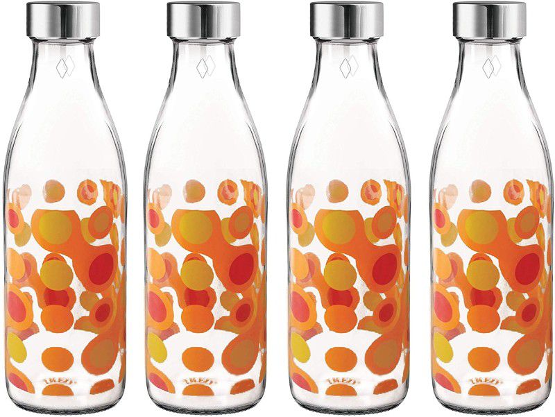 TREO Ivory Premium Glass Printed Bottle, Set of 4, 1000 ml Each, Orange Circles 1000 ml Bottle  (Pack of 4, Orange, Glass)