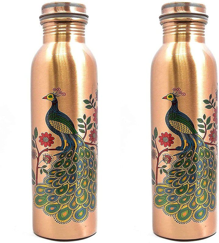 GOLDEN VALLEY Printed Copper Bottle for 1 Liter with Peacock Print Set of 2 Combo 1000 ml Bottle  (Pack of 2, Copper, Copper)