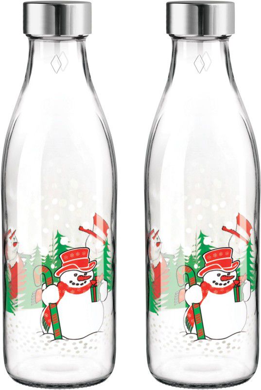 TREO Ivory Premium Glass Printed Bottle, Set of 2, 1000 ml Each, Snowman 1000 ml Bottle  (Pack of 2, Clear, Glass)