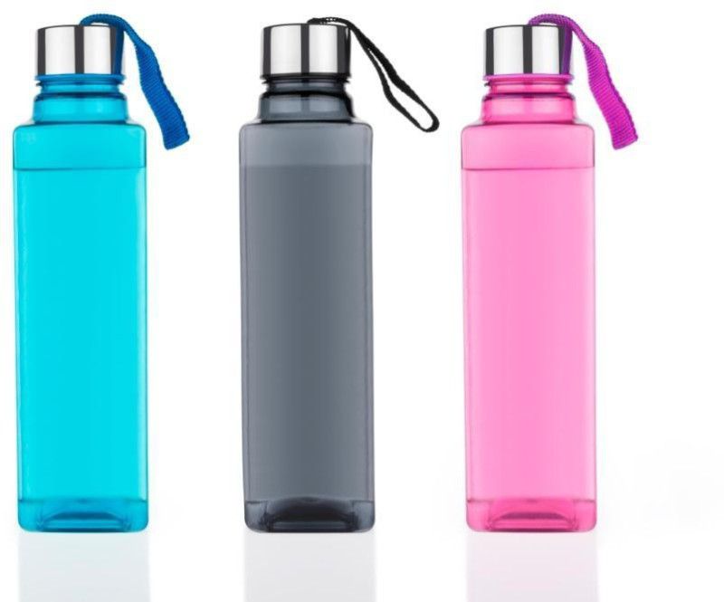 CLARIPLUS SQUARE SHAPE WATER BOTTLE SET WITH PREMIUM STAINLESS STEEL CAP 1000 ml 1000 ml Bottle  (Pack of 3, Multicolor, Plastic)