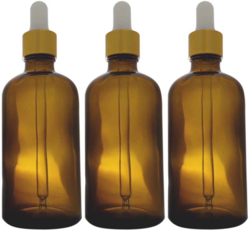JFA Bobby Corporation 100 ml Amber Glass Bottle with Golden Cap White Teat Dropper 100 ml Bottle  (Pack of 3, Brown, Glass)