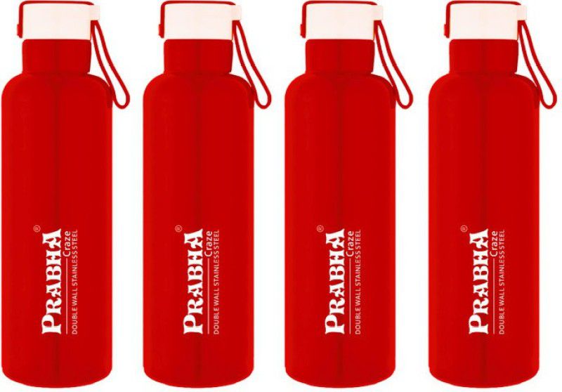 PRABHA Craze Red Double Wall Steel Water Bottle 4 Pcs Set 450ml for Home School & Kids 450 ml Bottle  (Pack of 4, Red, Steel)