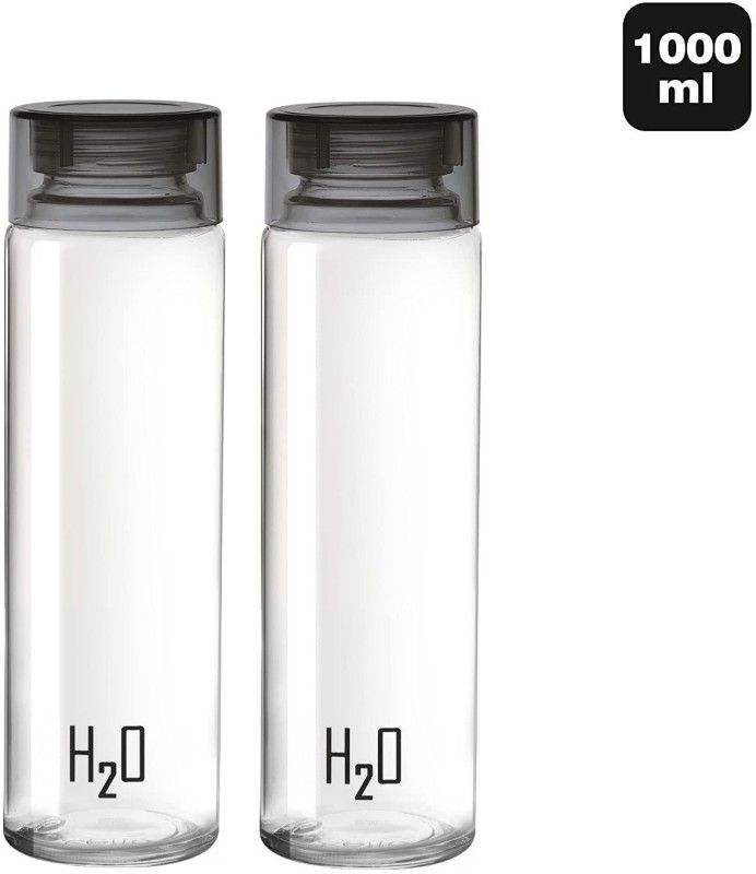 Randal H2O Sodalime Glass Fridge Water Bottle with Plastic Cap ( Set Of 2 - Black ) 1000 ml Bottle  (Pack of 2, Clear, PET)