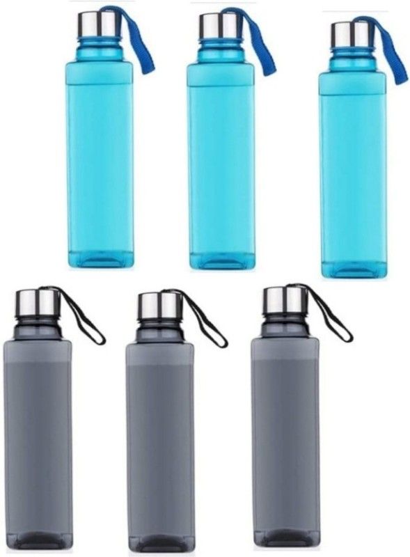 TULWIN Niva’s Exclusive Plastic Water Bottles-Square, SS Cap, String(Set of 6)Blu+Black 1000 ml Bottle  (Pack of 6, Blue, Black, Plastic)