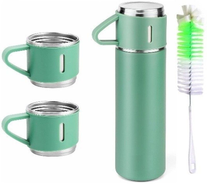 Vacuum Flask set 3Cup set for Hot & Cold Drink BPA Free with Nylon Brush Green 500 ml Flask  (Pack of 1, Green, Steel)