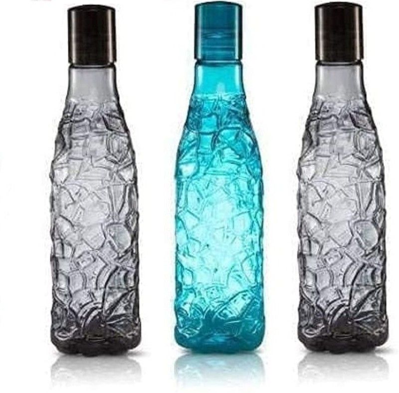 N H Enterprise Premium Quality Crystal Fridge Water Bottle Set ( 2 Black & 1 Blue ) 1000 ml Bottle  (Pack of 3, Grey, Green, Plastic)