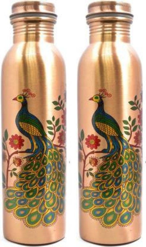 YVC Seamless Peacock Printed lacker Coated Copper Bottle(Set of 2) 950 ml Flask  (Pack of 2, Brown, Copper)