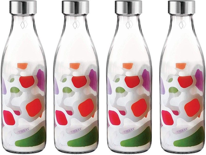 TREO Ivory Premium Glass Printed Bottle, Set of 4, 1000 ml Each, Multicolour Cubes 1000 ml Bottle  (Pack of 4, Multicolor, Glass)