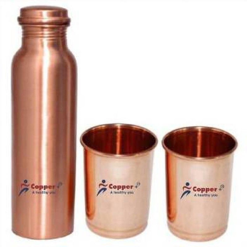 Copper + plain bottle with 2 glass 950 ml Bottle  (Pack of 3, Copper, Copper)