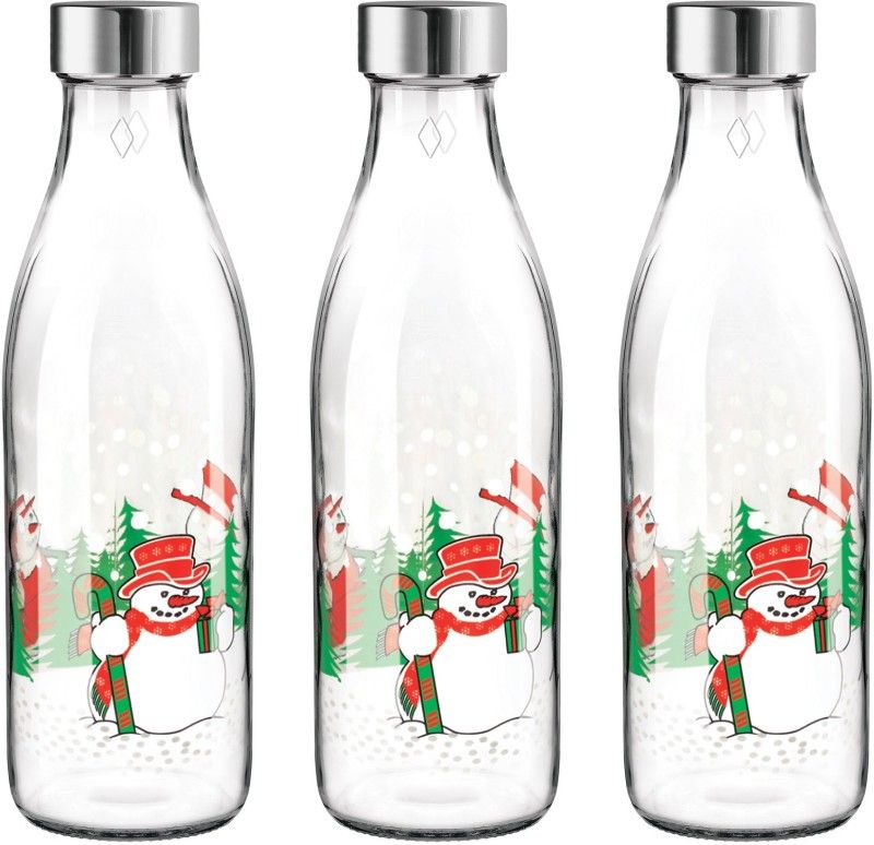 TREO Ivory Premium Glass Printed Bottle, Set of 3, 1000 ml Each, Snowman 1000 ml Bottle  (Pack of 3, Clear, Glass)