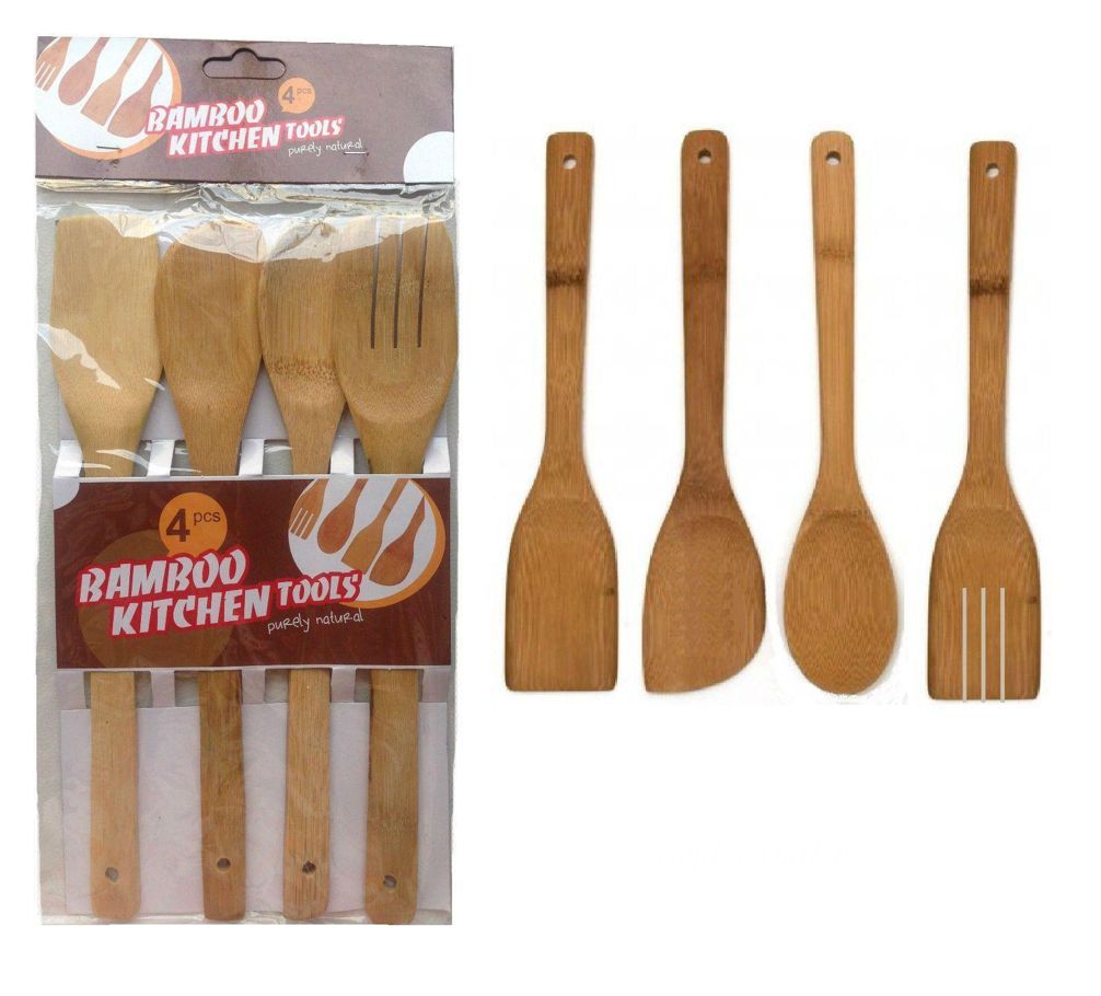 4 X Piece Bamboo Wooden Kitchen Cooking Utensils Set Tools Spatula Spoon Turner