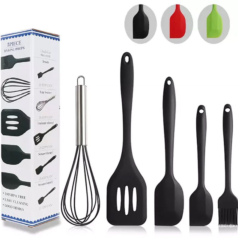 5Pcs Silicone Cooking Tool Sets Egg Beater Spoon Spatula Oil Brush Kit (Black)