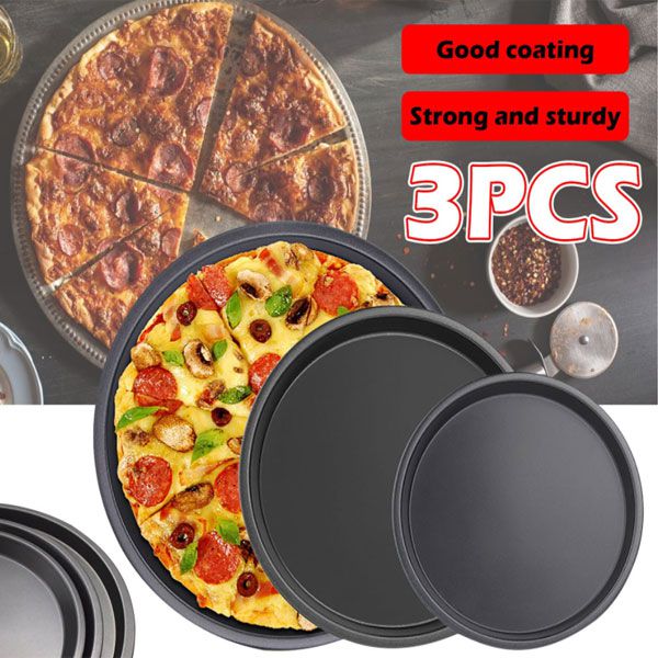 3pcs - Inch Non-Stick Pizza Pan Carbon Steel / Pizza Oven Tray Shallow Round Pizza Plate Pan Roasting Tin (Baking Tools)