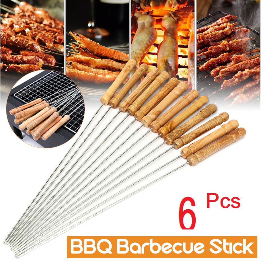 6 Pcs Stainless Steel BBQ Skewers for Grilling with Wooden Handle