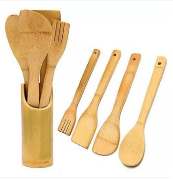 Bamboo Cooking Spoon 4 pieces set with Holder (11.5×1.5×0.25 Inches) Wood Colour