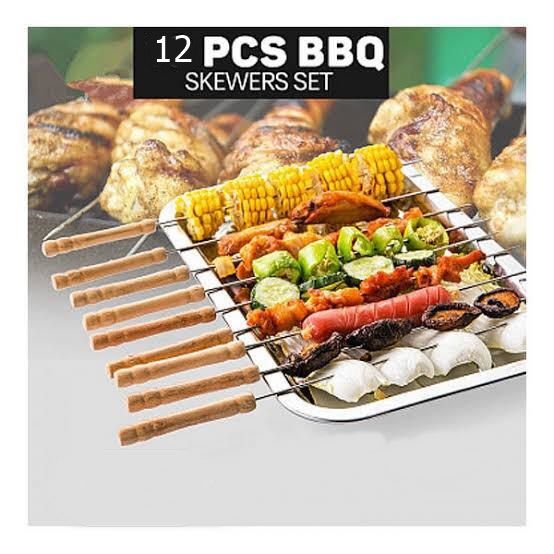12pcs Stainless Steel Metal Barbeque Skewer Needle BBQ Kebab Stick Set