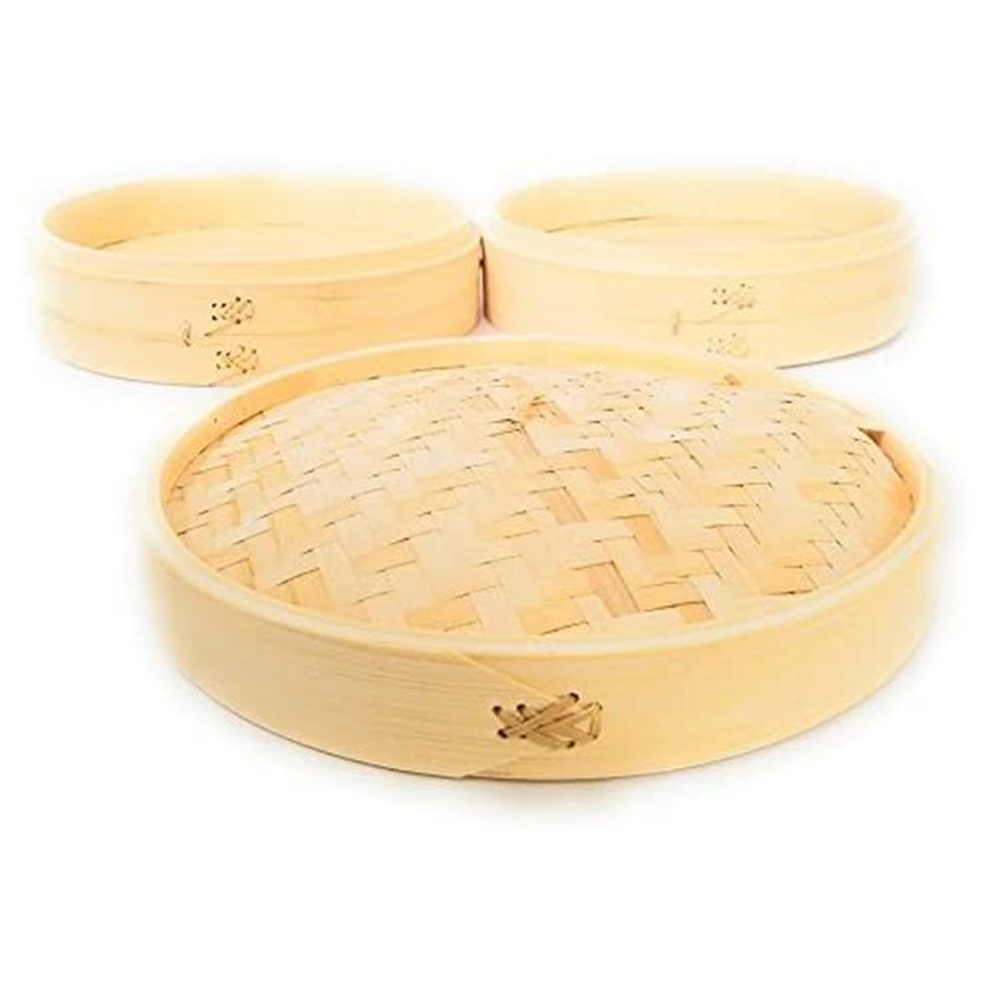 3 Piece Set - Bamboo Steamer Basket - Dumpling & Bun Steamer - Great for Cooking, Buns, Dim Sum, Vegetables, Fish