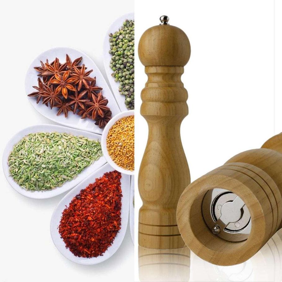 Salt and Pepper Shaker Wood Salt and Pepper Mill Shakers, Wooden Spice & Pepper Grinders, Salt and Pepper Grinder, Wood pepper and Salt Grinder, Manual Herbs Mills Adjustable Kithcen Tool 6 inches