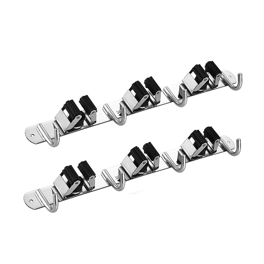 Mop and Broom Holder Wall Mount - Garage and Garden Heavy Duty Tool Hanger -with 3 Racks and 4 Utility Hooks (2Pack)
