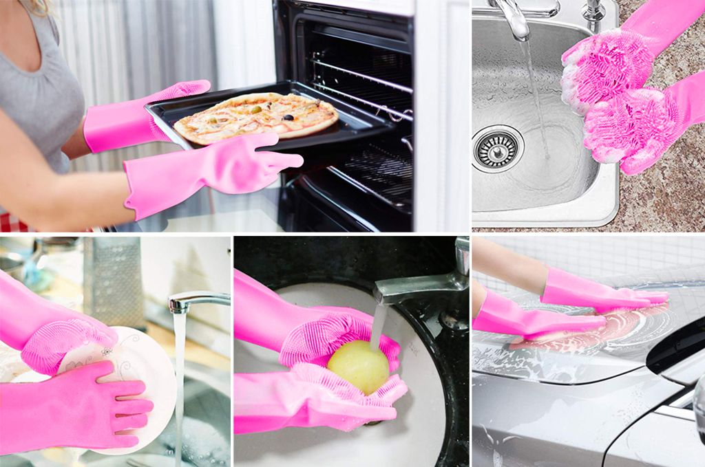 2 in 1 Magic Silicone Rubber Dish Washing Gloves Eco Scrubber Cleaning Kitchen 1Pair - Hand Gloves - Hand Gloves