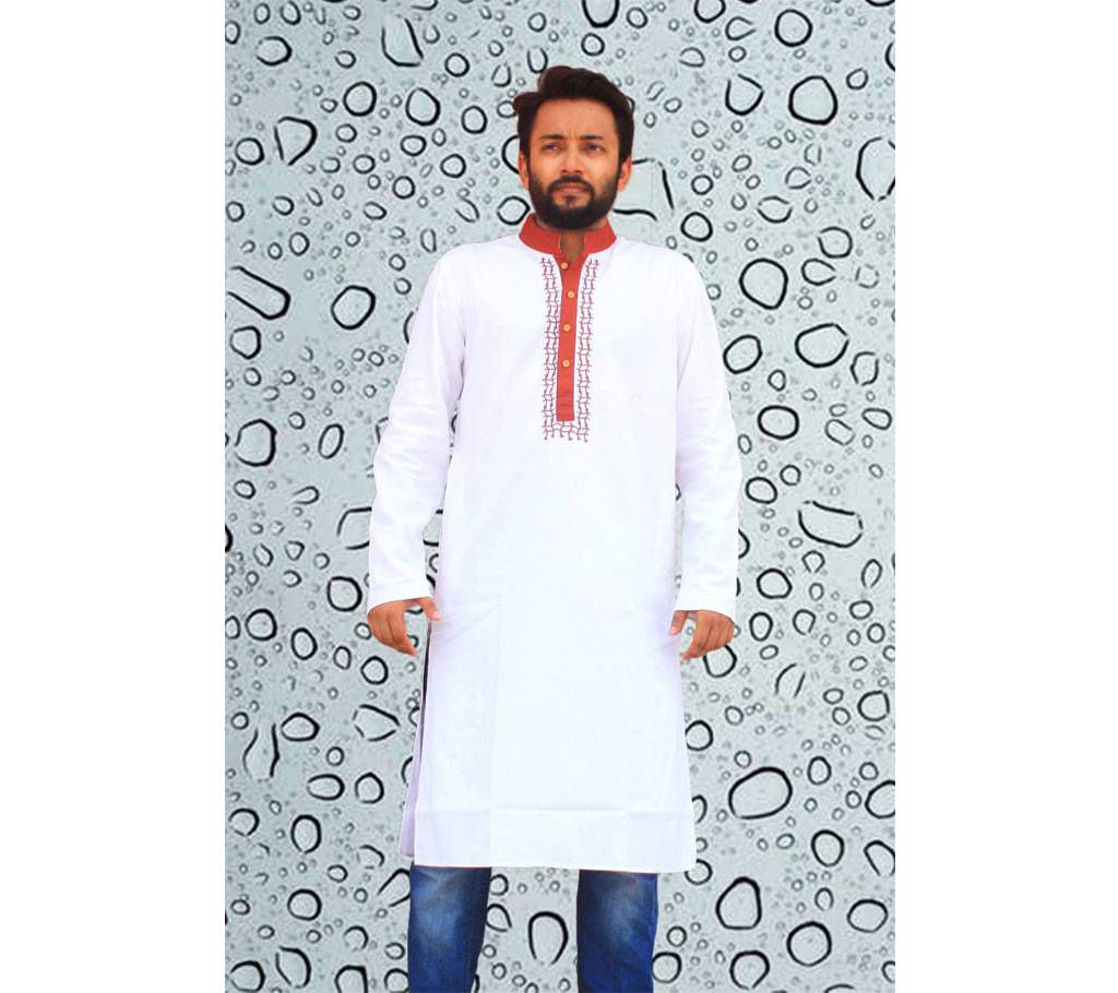 Gents Embroidered Red on White Cotton Panjabi