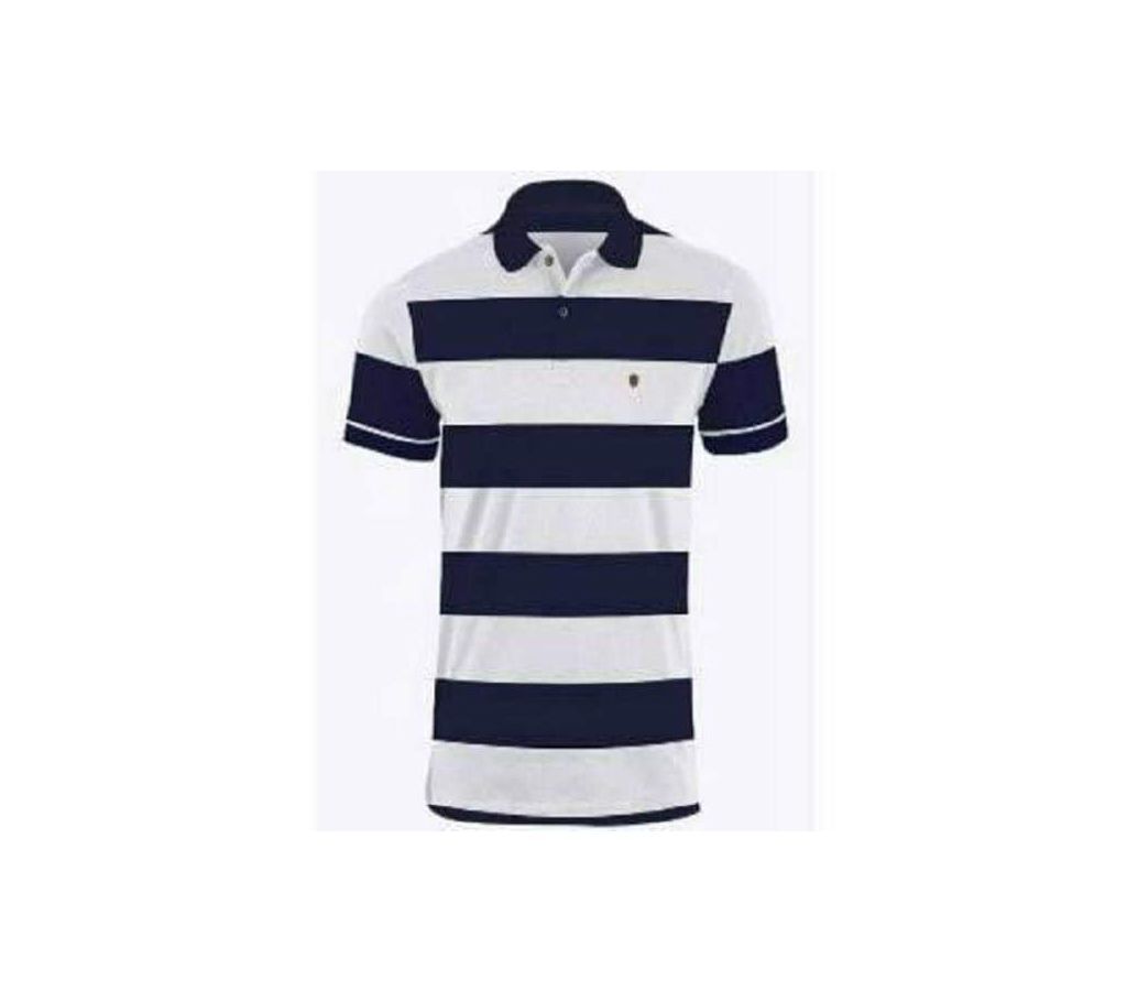 Polo T-shirt For Men  Navy Blue And White Horizontal Striped Combination