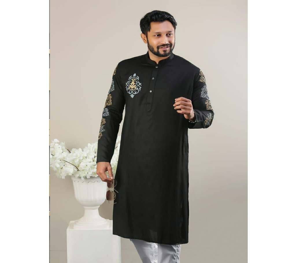 Mens Semi Long Panjabi - 16 - Black with Design in Hand and Chest(Code-SU780)
