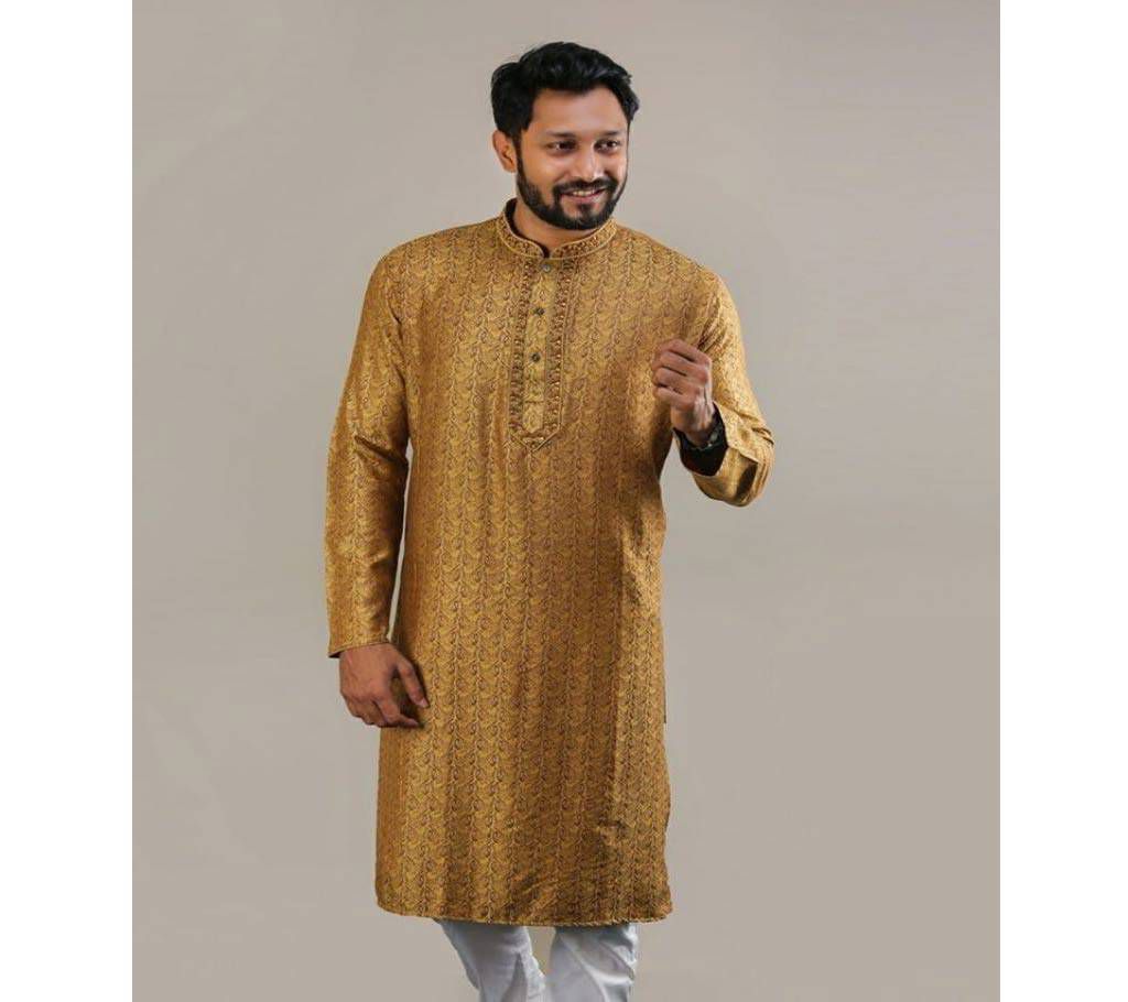 Eid Special Cotton Semi Long Light Golden Brown Panjabi For Men