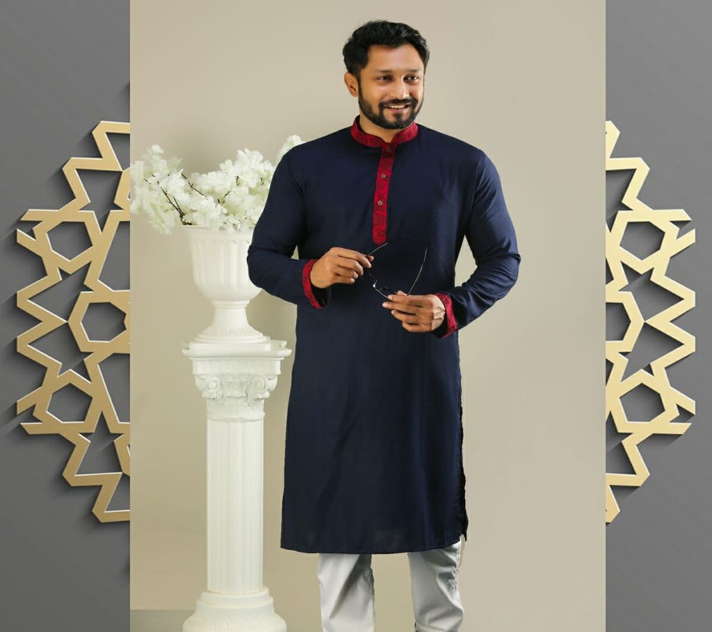 42 - Mens Semi Long Panjabi - 18 - Navy Blue with Red Design in Neck and Hand(Code-SU956)