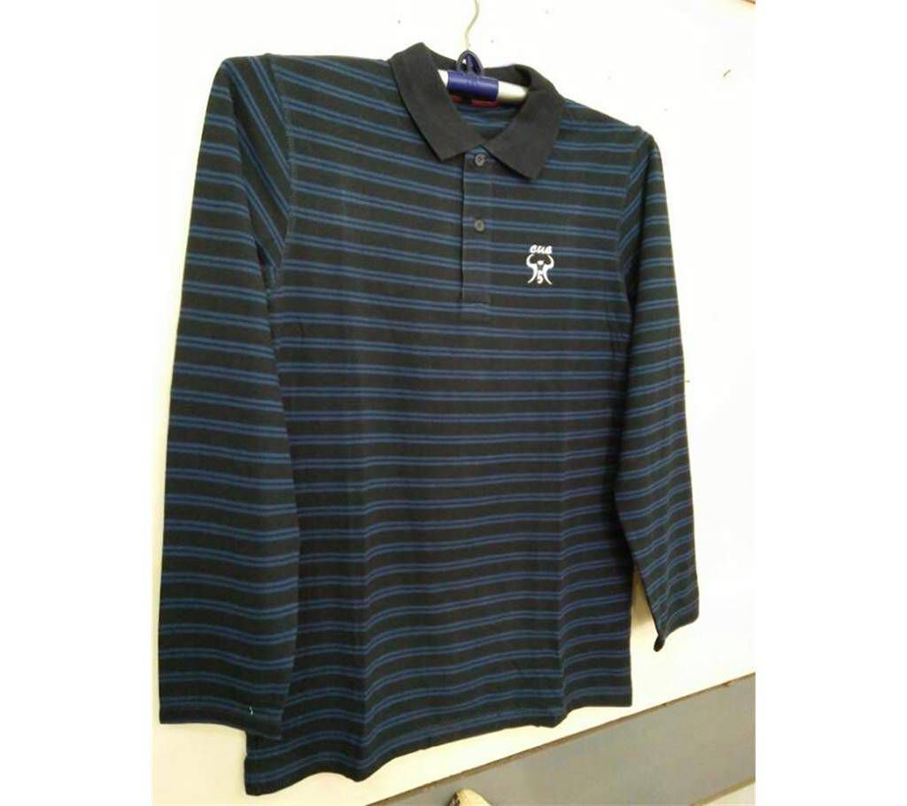 Cue five navy stripe polo shirt