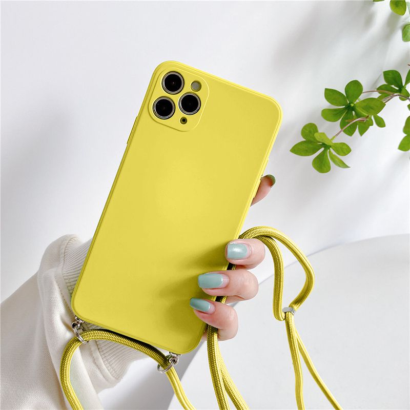 Square   Silicone Microfiber Cloth Phone Case For iPhone 11 Pro Max XR XS 8 7 Plus 6s Long Lanyard Silicone Soft Case Cover Crossbody Sling Shoulder Strap Lanyard