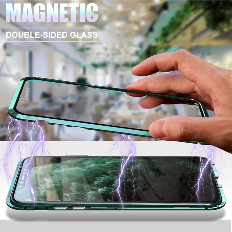 For OPPO A5 A9 2020 A3S A7 A5S F11 F11 Pro F9 Reno2 Reno2 F Reno3 Reno4 Double-sided Glass Magnetic 2 In 1 Adsorption Metal Case Double Tempered Glass Aluminum Frame Beautiful Shock Protection Flip Cover