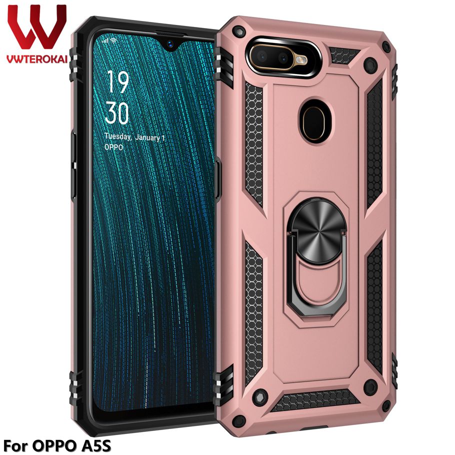 Case For OPPO A5S /OPPO A7 / OPPO A12 / A5 / A3S Heavy Micro-matte Duty Hard Ring Case with Ring Kickstand Magnetic Anti Scratch Case