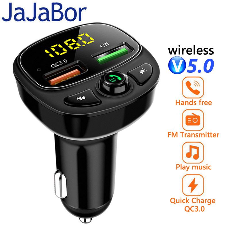 JaJaBor FM Tran_s_mitter Bluetooth 5.0 Car Kit Handsfree Car Mp3 Player Quick Charge QC3.0 Support TF Card U Disk FM Modulator