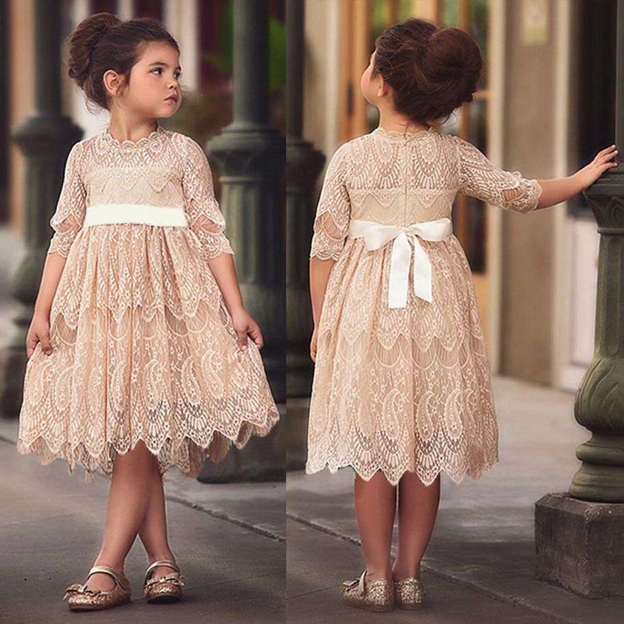 Formal Princess Sweet Infant Baby Girls Party Dress Lace Floral Solid With Sashes Bridesmaid Dresses 3 Colors 2-7Y