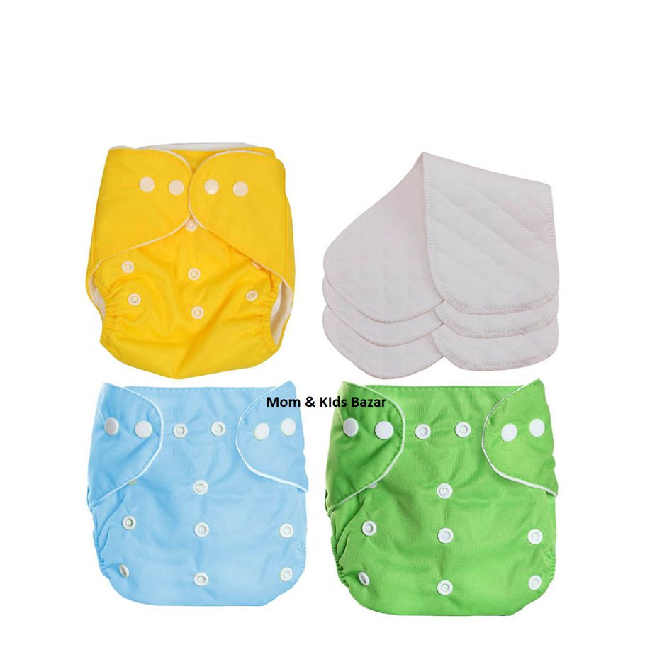 3Pcs Washable Reusable Baby Cloth Daiper -(3 kg to 15 kg) -Multi-Color (3 PCs Diapers with 3 Diaper nappy) - Washable Diaper