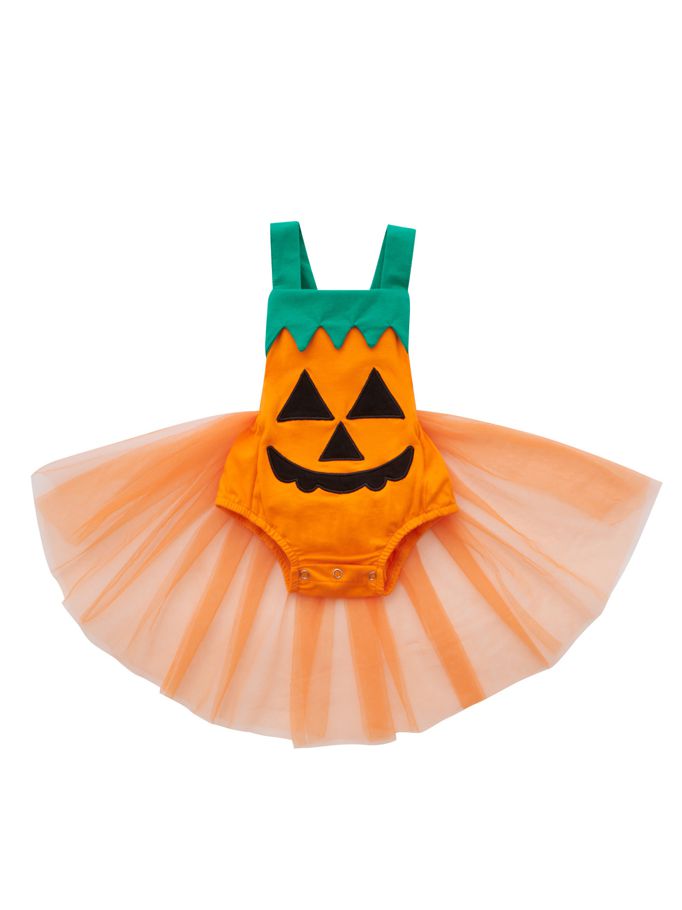 Baby Pumpkin Patchwork Romper Dress, Girls Sleeveless Square Collar Short Sling Jumpsuit