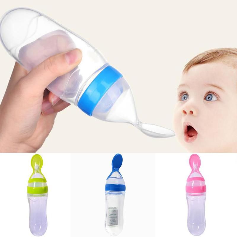 Silicone Baby Food Feeder With Dispensing Spoon, Travel Baby Training Bottle with Spoon Soft Head Baby Feeding Tools