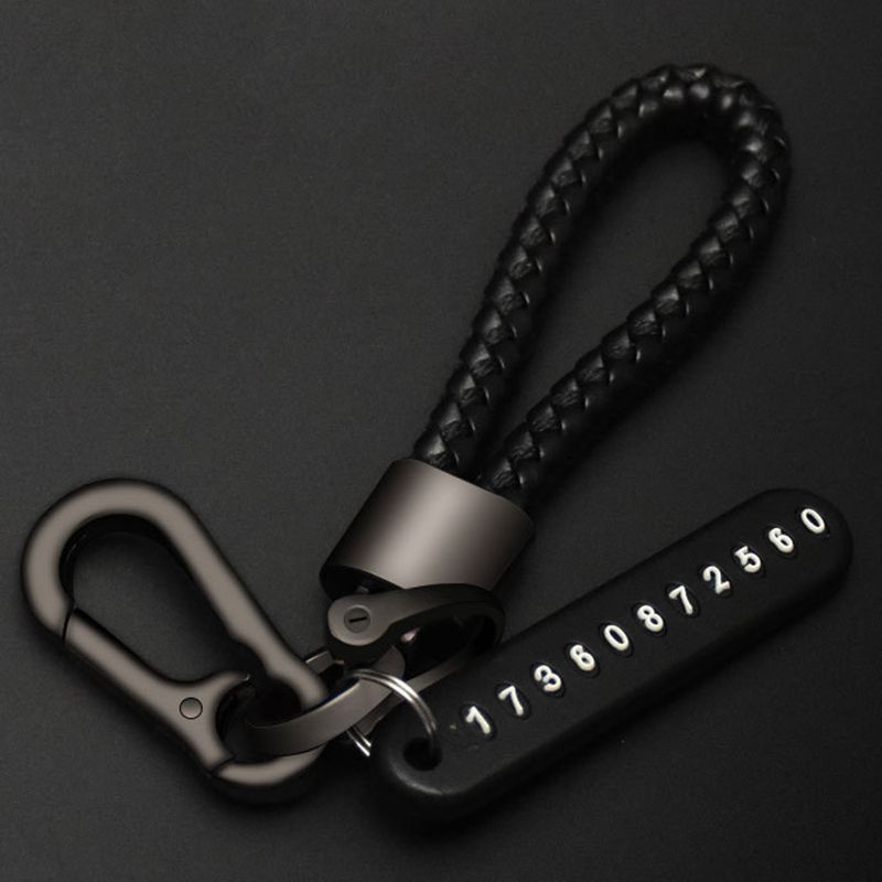 Car Keychain Keyring Leather Bradied Phone Number Plate Key Ring Auto Vehicle Key Chain Accessories (Black)