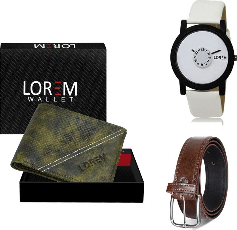 LOREM Belt, Wallet & Watch Combo  (Green, Brown, White)