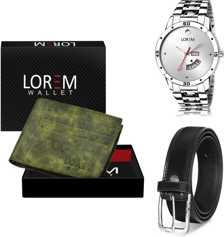 LOREM Belt, Wallet & Watch Combo  (Green, Black, Silver)