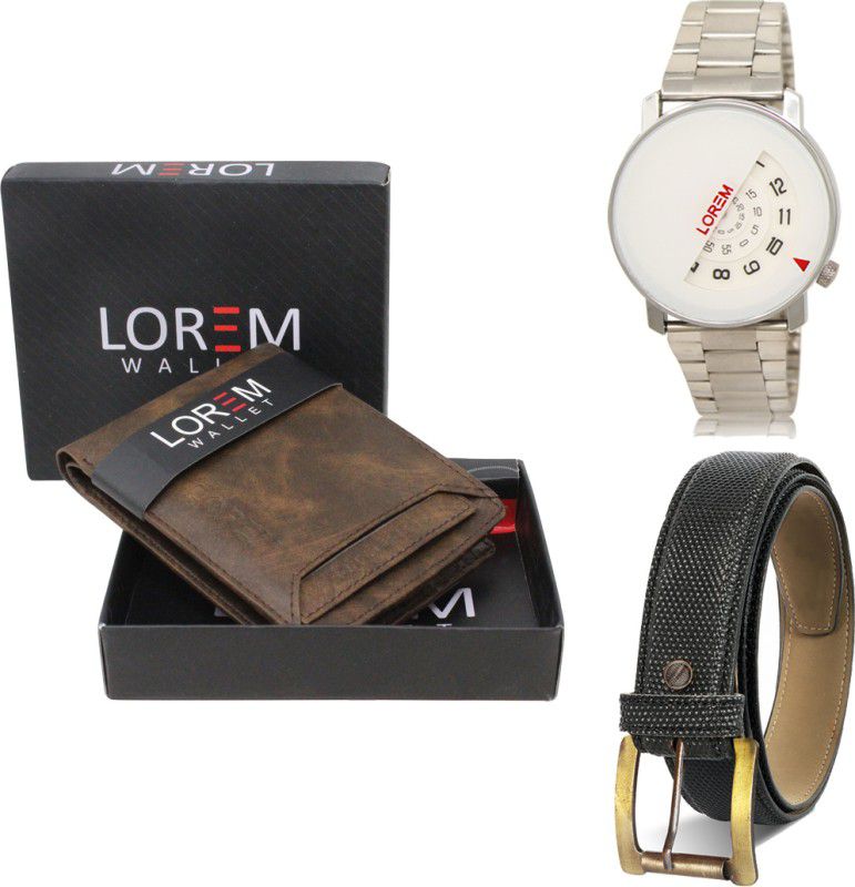 LOREM Belt, Wallet & Watch Combo  (Brown, Black, Silver)