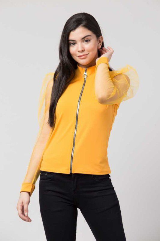 Casual Puff Sleeves Solid Women Yellow Top