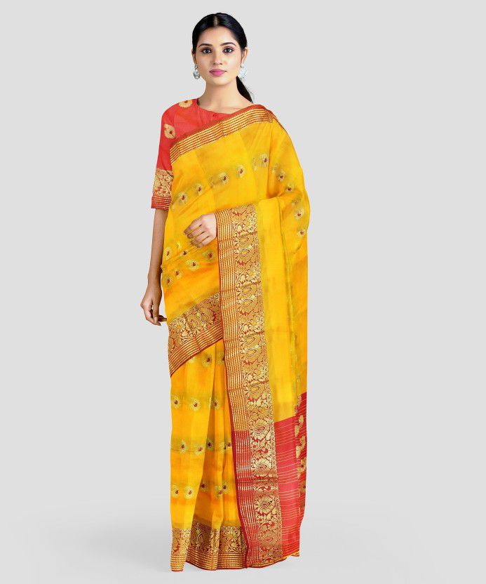 Woven Kanjivaram Pure Silk Saree  (Yellow)